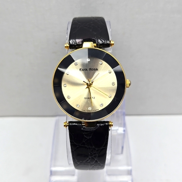 Womens Esta Rosa Watch Gold Tone Diamond Cut Crystal Leather Band New Battery - Picture 1 of 12